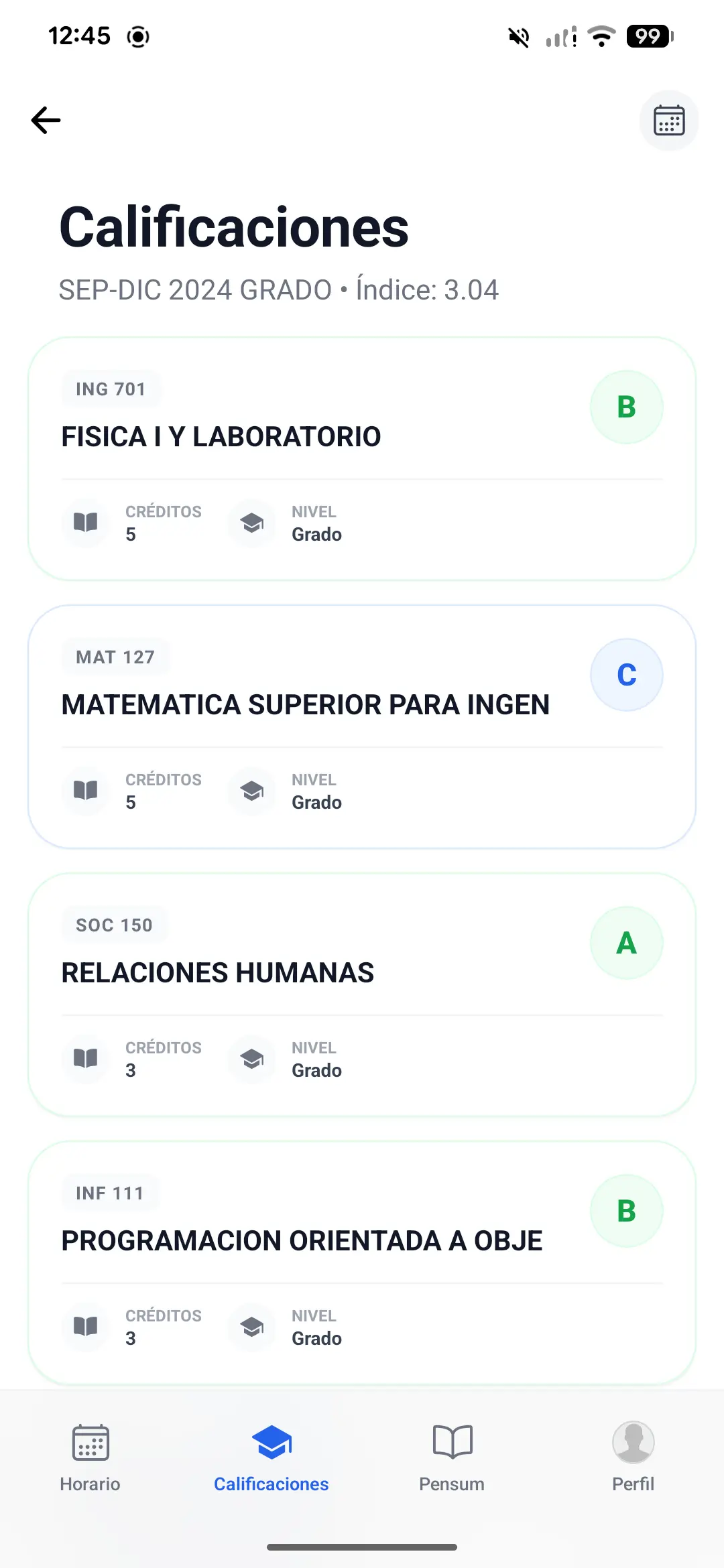 Lista de Calificaciones